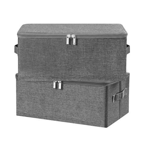 ANMINY 2PCS Storage Bins with Zipper Lids 13 Qt Lidded Fabric Storage Boxes Baskets Cubes with Handles Collapsible Washable Cotton Linen Closet Shelf Clothes Organizer Containers - Gray, Small - color: Gray, size: Small (Pack of 2)