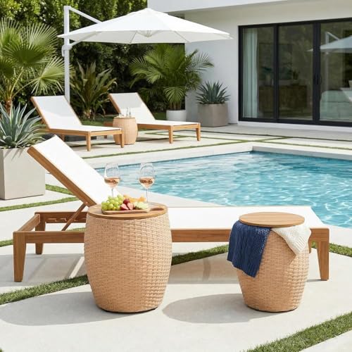 Sundale Outdoor Side Table Set of 2, Wicker Round Patio Barrel Side Tables with Storage Basket, Rattan End Table for Patio, Porch, Poolside, Garden Stool, Lounge Chair