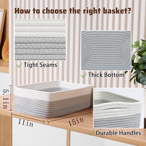 MiniArk Large Shallow Organizing Baskets 15x11x5.1 Inches - Rope Woven Storage Bins for Bathroom, Shelves, Cube Closet, Gradient Grey 2 Packs - color: Gradient Grey, size: 2pcs-L15×W11×H5.1"