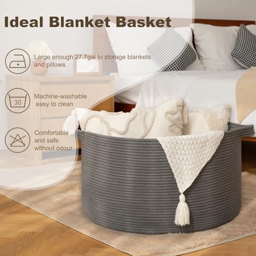 OIAHOMY 105L Blanket Basket for Living Room, Large Basket 23.6" x 23.6" x 14.6" with Handle, Laundry Hamper for Blankets, Pillows, Toy Storage for Kids, Dogs - Grey - color: Grey, size: 23.6" x 23.6" x 14.6"