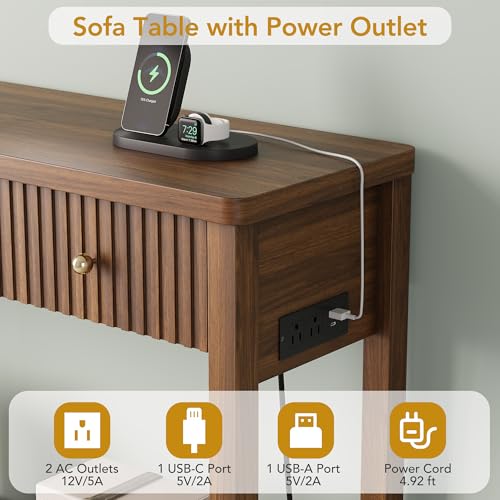 47 Inch Fluted Console Table with Outlets and USB-C Port, Mid Century Modern Sofa Table with 3 Drawers and Open Shelf, Entryway Table with Charging Station for Behind Couch, Hallway, Foyer, Walnut - color: Walnut