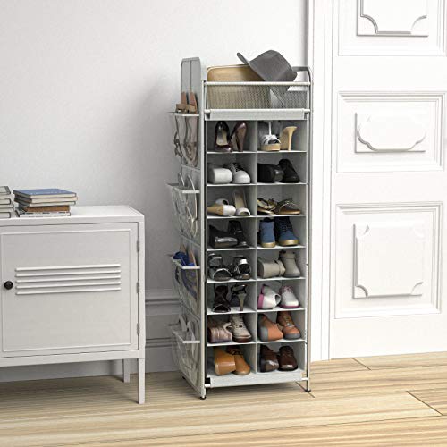 Simple Houseware 16 Cube Shoe Stand Tower Rack 8 Tier with Top Shelf and Side Hanging Pockets, Gray - color: Gray