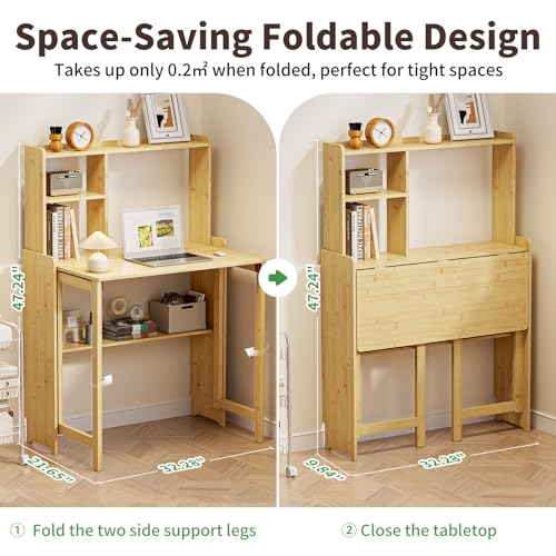 Bamboo Folding Desk for Small Spaces with Storage, Mid Century Foldable Desk with Bookshelf, Small Desks with Storage for Home Office Bedroom, Natural - color: Natural, size: 21.65"D x 40.55"W x 29.92"H