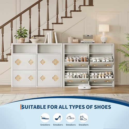 GarveeHome Shoe Cabinet with 4 Flip Drawers, Narrow Wood Shoe Organizer Cabinet with Floral Pattern, Freestanding Slim Shoe Rack Cabinet with Adjustable Shelves & Open Storage, for Entryway, White - color: Antique White, size: 4-Drawers