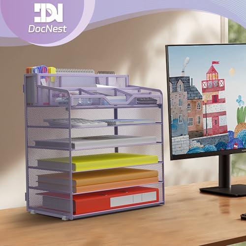 Docnest 6 Tier Mesh Desk Organizer for Paper Office Supplies – Multi-Functional Letter Tray with 5 Adjustable Compartments, 5 Pen Holders, Desktop Storage for Files, Mail, Stationery – Purple - color: Purple, size: 12.7" x 9.1" x 15.5"