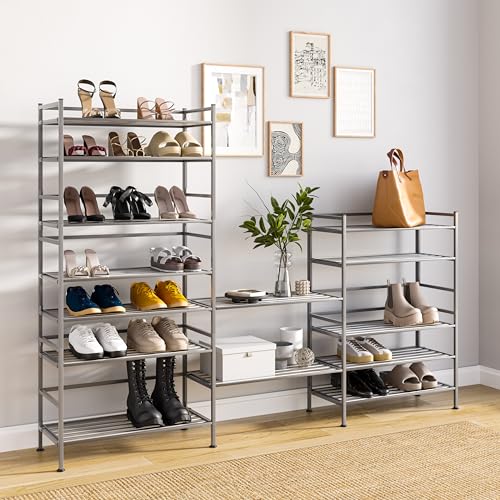 Seville Classics Sturdy Freestanding Storage Shelf for Bedroom, Closet, Entryway, Dorm Room Organizer Stackable Durable Metal Shoe Rack Silver Mist Slat, 3-Tier - color: Silver Mist Slat, size: 3-Tier