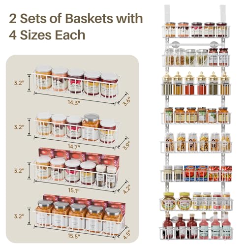 Delamu Adjustable Cabinet Door Organizer, 8-Tier Hanging Spice Rack Organizer, Metal Over the Door Pantry Organizer, Pantry Organizers and Storage Shelves for Kitchen Bathroom Laundry Room, White - color: White, size: 8 Tier-Medium