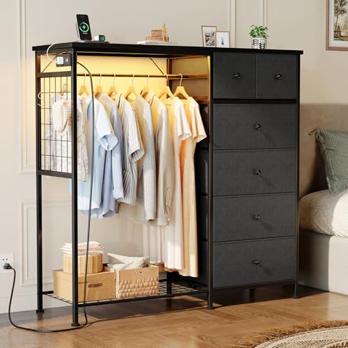 DUMOS Dresser for Bedroom with Hanging Rack, 6 Drawer Fabric Dresser with Charging Station and LED Lights, Closet Organizer & Storage Tower for Living Room, Entryway, Apartment, Grey - color: Grey, size: 15.8"D x 47.2"W x 49.2"H (6 Drawers)