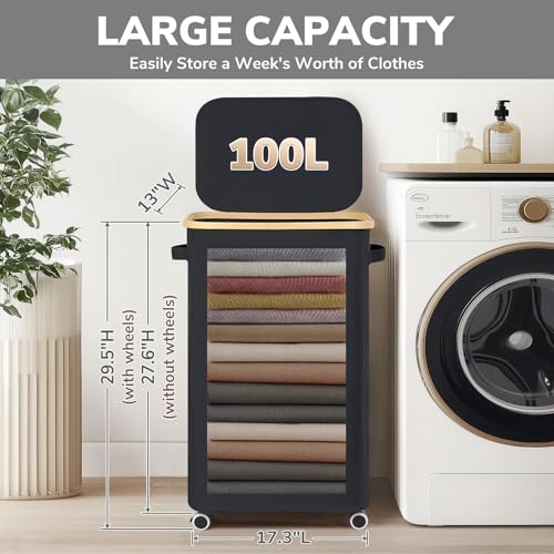 Goodpick Laundry Basket with Wheels, 100L Rolling Laundry Hamper with Lid Clothes Hampers with Removable Wash Bag Large Clothes Basket for Bedroom, Bathroom, Black - color: Black, size: 100L (17.3"L x 13"W x 29.5"H)