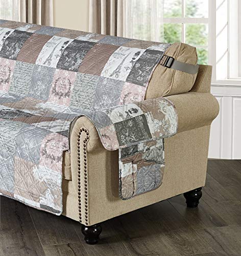 Brilliant Sunshine Paris and Toile Floral Patchwork Couch Armrest 5 Pockets Organizer, Slip Resistant Armchair Caddy, Washable Remote Controls Holder, Storage for Magazine, Tablet, 35×13", Latte Grey - color: Latte Grey