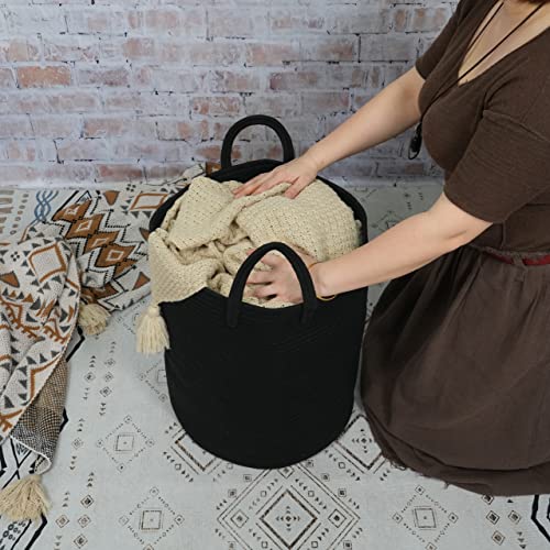 XUANGUO Black Cotton Rope Laundry Basket Hamper for Clothes Woven Storage Basket for Living Room Bedroom Boho Tall Rope Baskets for Blanket Toys Pillow Towels Baby Nursery Hamper Bin Large - color: black, size: Regular