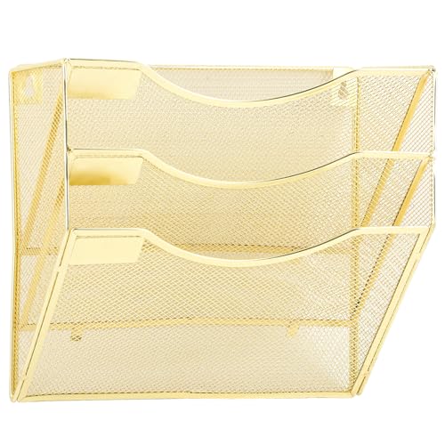 EASEPRES 3 Pocket Mesh Hanging Wall File Organizer, Wall Mounted Mail Paper Document Folder Holder, Clipboard Storage Organization Magazine Rack with Nametag Label for Office Home School, Gold - color: Gold, size: 3 Tier