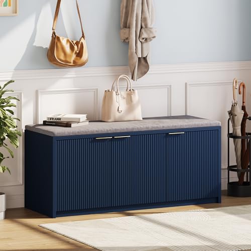 2-Tier Shoe Storage Bench with 3 Doors & Adjustable Shelf, Removable Washable Padded Seat Cushion, 41.3" Entryway Storage Cabinet for Living Room, Bedroom – Navy Blue Modern Design - color: Navy Blue, size: 41.3"