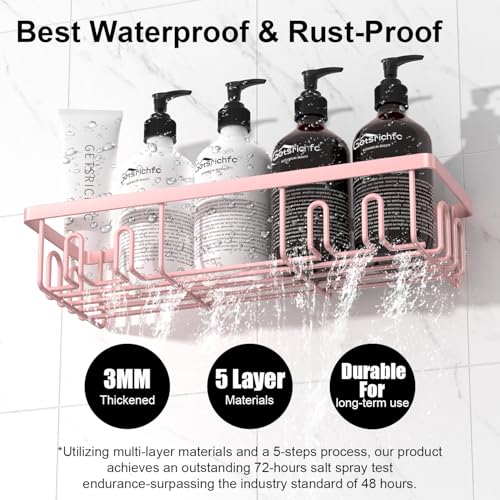 Getsrichfc Shower Caddy Adhesive, Rustproof Shower Shelves for Inside Shower, Large Capacity Bathroom Organizers and Storage, Shower Storage with Removable Hooks, No Drill Bathroom Accessories Pink - color: Pink