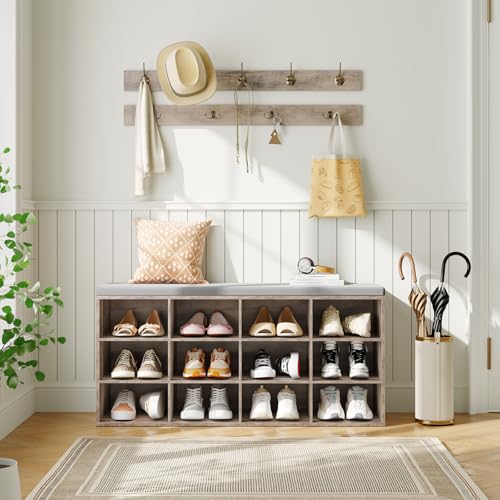 HOOBRO Shoe Storage Bench with Cushion, 39.4" L Entryway Bench with 12 Cubbies, Entryway Hall Tree with Storage, Shoe Cabinet with Coat Rack for Bedroom, Hallway, Holds up to 330 lb, Gray GY112HX01 - color: Grey