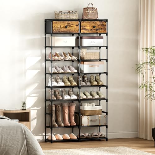 Tall Shoe Rack, 10 Tier Large Shoe Rack Organizer with 2 Drawers, Shoe Storage for 36-40 Pairs, Sturdy Metal Shoe Shelf Shoe Stand for Closet Entryway, Rustic Brown and Black - color: Rustic Brown and Black, size: 10 Tier