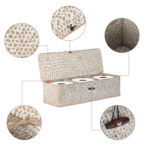 Sumnacon Extended Seagrass Storage Basket with Lid 3-Section Wicker Storage Basket,Small Woven Shelf Basket for Toiletries Tampon Storage,Seagrass Basket for Shelf Bathroom Toilet Counter,Whitewash - color: Whitewash, size: Large
