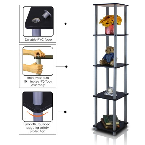 Furinno Turn-N-Tube Storage Shelves, 5-Tier Square Book Shelf, Corner Shelf, Toolless Open Shelves, Round Tubes, for Organization and Storage, Living Room, Garage, Home Office, Black - color: Black/Grey, size: 5-Tier