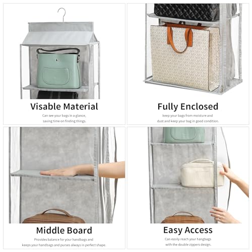 8 Grids in 1 Pack Hanging Purse Handbag Organizer with Double Zippers, Visible Purse Organizer for Closet, Fully Enclosed Handbag Storage Holder, Hanging Closet Organizer for Bags - color: Grey, size: Not Rotatable