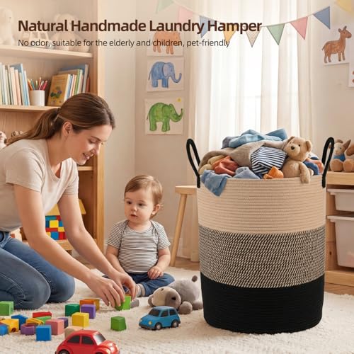 OIAHOMY Large Laundry Basket Hamper - 60L Cotton Rope Woven Basket for Blankets, Toys, Clothes - Tall Decorative Nursery Hamper with Long Handles, Yellow/Black - color: Yellow/Black, size: 60L