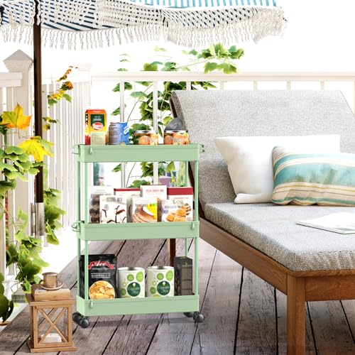 SPACEKEEPER Slim Rolling Storage Cart, 3 Tier Bathroom Organizer Utility Cart Laundry Room Organization Mobile Shelving Unit for Kitchen, Bathroom, Office, Bedroom, Narrow Places, Green - color: Green