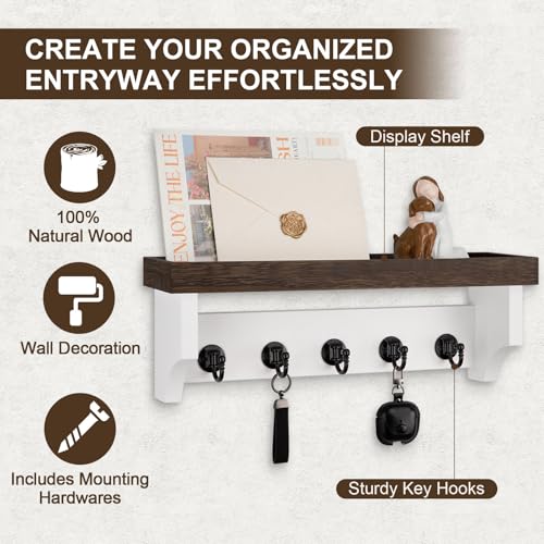 Key and Mail Holder Wall Mount, Key Holder with Shelf and Mail Organizer Wall Mount. Mail Holder with 5 Hooks for Coat, Dog Leash, Home Decor Rack, Entry Way Organizer (Brown & White) - color: Brown & White