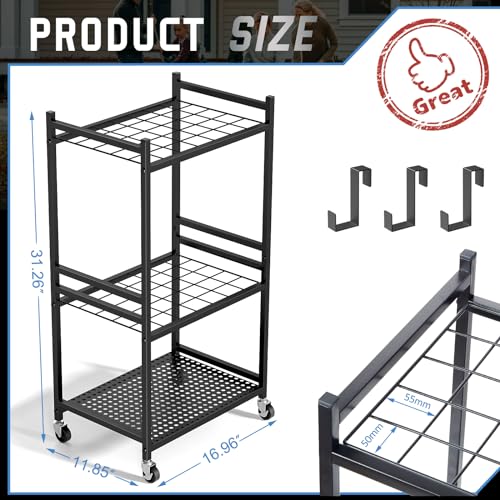 DAOUTIME Garden Organizer With Wheels, Yard Tower Rack for Garage Storage, Up to 35 Long-Handled Tools, Sturdy Metal Steel Holder With 3 Hooks, Outdoor, Black - size: 3 Tier