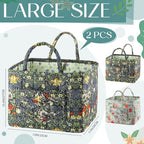 2 Pcs Quilted Fabric Storage Basket with Handles 13"x11"x10.6" Boho Foldable Floral Laundry Organizer Bin for Home Picnic Shopping Travel