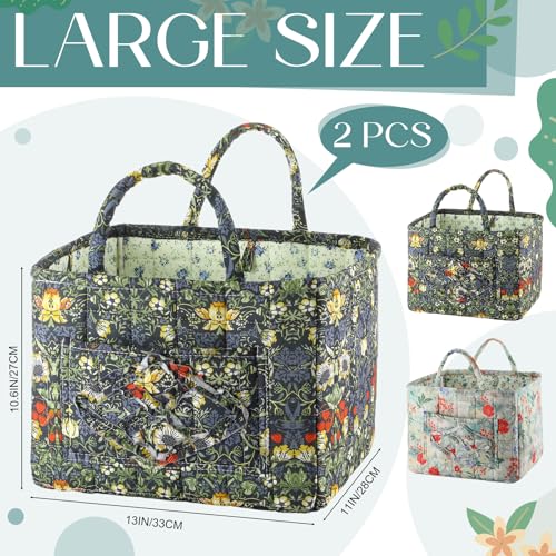 2 Pcs Quilted Fabric Storage Basket with Handles 13"x11"x10.6" Boho Foldable Floral Laundry Organizer Bin for Home Picnic Shopping Travel