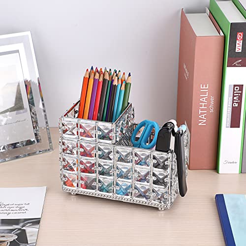 Hipiwe Crystal Remote Control & Makeup Brush Organizer - 2-Slot Silver Tabletop Pen & Pencil Storage Holder for Office & Bathroom - style: 2-Slot, Silver