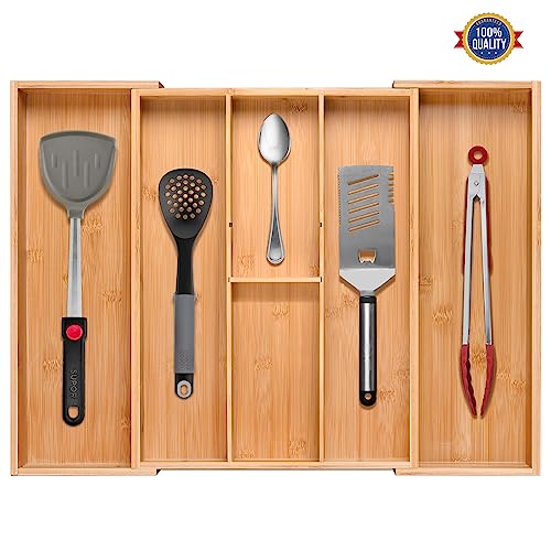 guiogc Bamboo Silverware Organizer, Expandable Kitchen Drawer Organizer and Utensil Organizer, Cutlery Tray with Drawer Dividers for Kitchen Utensils and Flatware, Bedroom, Living Room (Natural) - size: Two-sided pull
