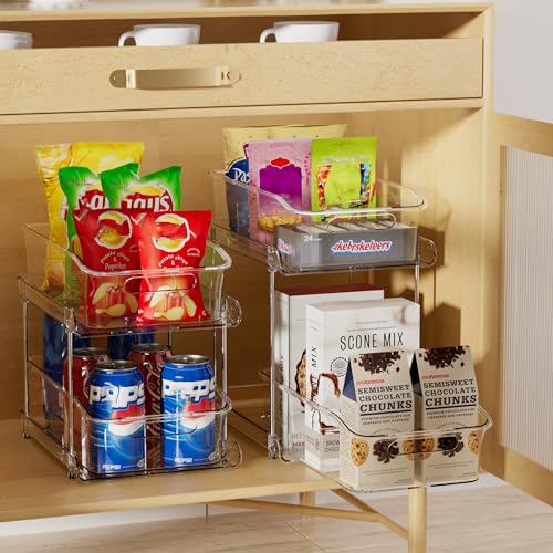 Delamu 2-Tier Under Sink Organizers and Storage, Multi-Purpose Stackable Bathroom Cabinet organizers, Pull Out Kitchen Pantry Organization and Storage with Dividers(2 Pack, Clear) - color: Clear, size: 2 Pack