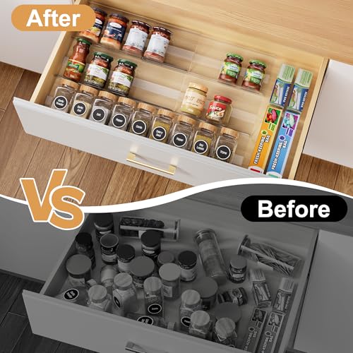 Expandable Spice Drawer Organizer Insert, 6-Pack Kitchen Adjustable Seasoning Rack Tray (13" to 26"), Clear Acrylic with Anti-Slip Mat, for Cabinet Countertop (Jars Not Included) - size: 6-Pack