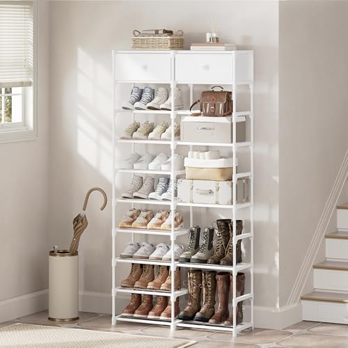 Tall Shoe Rack, 10 Tier Shoe Rack Organizer with 2 Large Drawers, Shoe Storage for 36-40 Pairs, Sturdy Metal Shoe Shelf Shoe Stand for Closet Entryway, White - color: White, size: 10 Tier