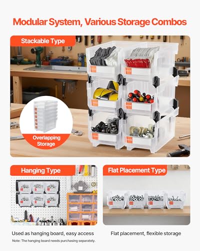 VEVOR Plastic Stackable Storage Bins, 14.8 x 8.5 x 7.1 inch (6 Pack), Plastic Containers for Organizing & Storage Bins for Closet, Garage, Small Parts, Office Supplies, Other Accessories, Transparent - color: Clear, size: 14L