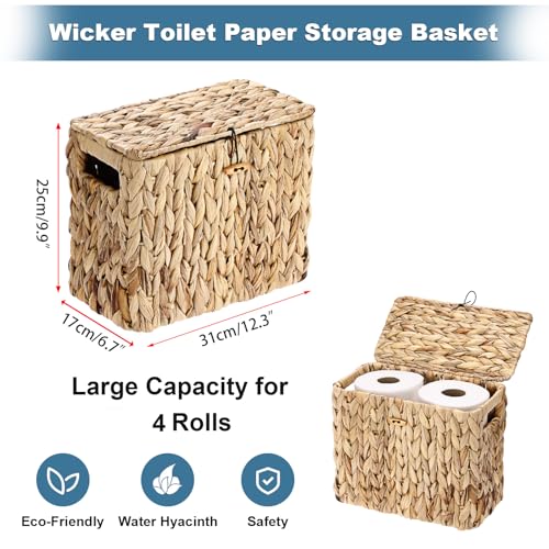 Sumnacon Toilet Paper Basket, Wicker Water Hyacinth Toilet Paper Holder with Handles and Lid, Holds Up to 4 Mega Rolls, Decorative Farmhouse Woven Bathroom Accessories Toilet Tissues Organizer, Small - size: Small