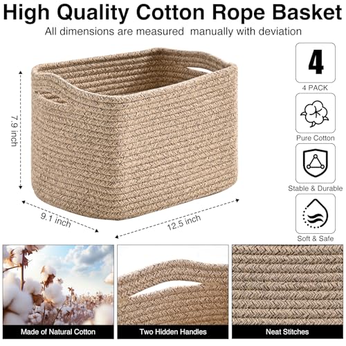 ICERZCZ Small Storage Baskets for Shelves Organizing, Woven Cotton Rope Baskets for Storage, Book Basket, Decorative Shelf Basket, 12.5"Lx9.1''Wx7.9''H (4 Packs) Mixed Brown - color: Mixed Brown, size: 12.5"(l)×9.1"(w)×7.9"(h)