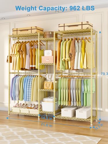 Ulif E4 Clothes Rack, Heavy-Duty Garment Rack, Metal Freestanding Clothing Organization Storage System Can Be L-Shaped with Shelves and Hangers, Max Load 962lbs, 71.6" W x 14.5" D x 79.3" H, Gold - color: Gold