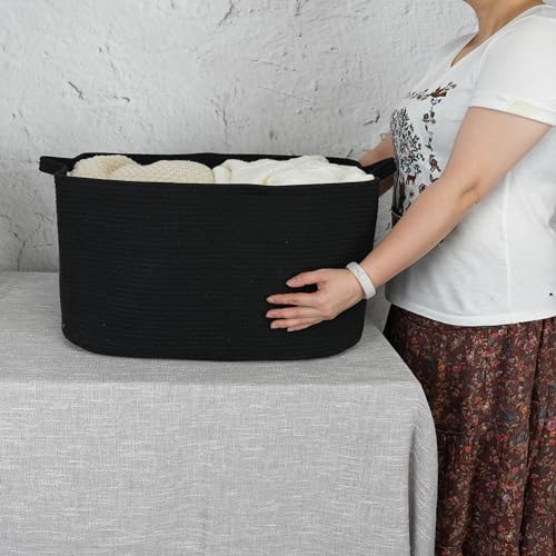 XUANGUO Large Rectangle Blankets Basket Living Room 22"x17"x12" Woven Cotton Rope Storage Baskets for Nursery Toy Baskets for Kids and Dogs Wicker Laundry Basket Bin for Clothes Towels black - color: black
