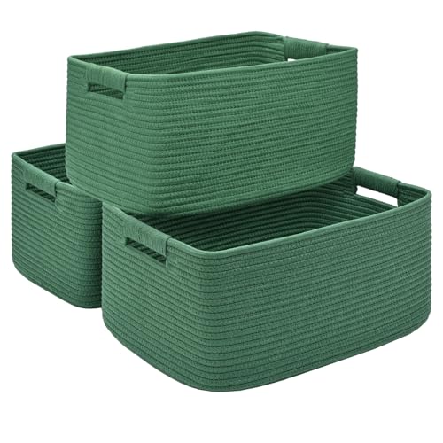 3 Pack Large Storage Basket for Organizing, 17.5"x13"x7" Woven Basket for Shelves, Closet Cube Storage Bins with Wrapped Handle, Cotton Rope Baskets for Kitchen, Clothes, Toys(Green) - color: Green, size: 3 Pack