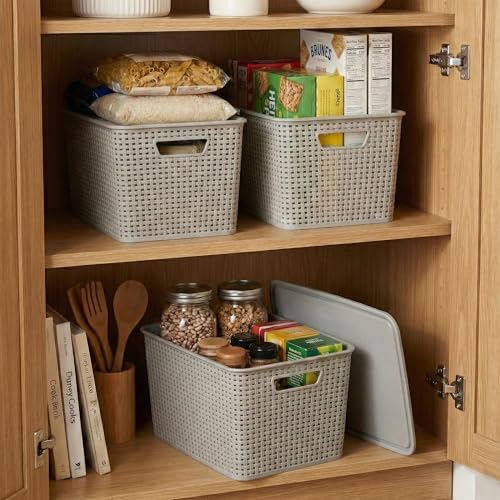 BINO | Plastic Storage Baskets with Lids, 22 Liter - 3 Pack, Natural Grey | THE WOVEN COLLECTION | Storage Basket for Shelves | Woven Storage Baskets for Organizing Bins | Pantry Shelf Organizer Bin - color: Natural Grey, size: 22L | 3-Pack