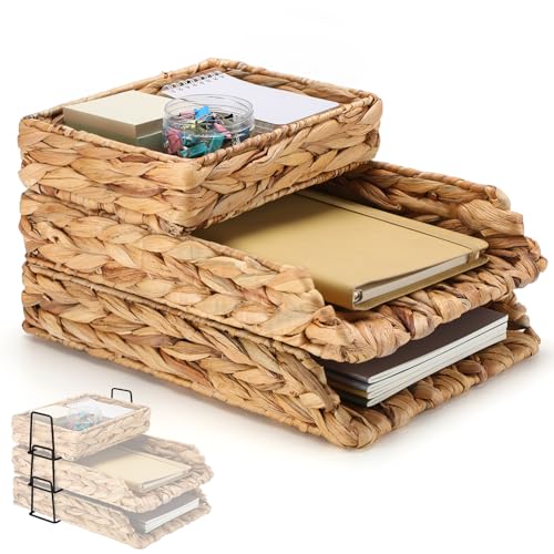 Geelin 3 Pack Water Hyacinth Woven Stackable Desk Organizer Letter Tray, Primary Color Tabletop Desk Basket for Storage Paper Letter Folders Notebooks Copy Print, Workspace Holder - color: Primary Color