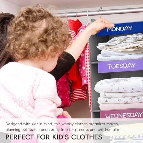 VERONLY Weekly Hanging Closet Organizer for Kids, 6-Shelf Clothes Storage with Labeled Days of The Week Monday Through Friday, Weekday and Weekend, Days of The Week Clothes Organizer - color: Grey