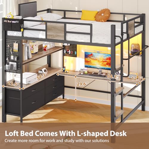 Dnxao Full Loft Bed with Desk and 5 Storage Drawers, Loft Bed Full Size with 1 Bedside Organizer,Removable Ladder, LED Lights and Charging Station,Clothes Rail,Safety Guard,Oak Gray | Clothes Rail, Safety Guard, 1 Bedside Organizer - color: Oak Gray, size