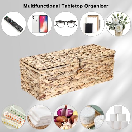 Sumnacon Wicker Storage Basket with Lid Rectangle Wicker Basket with Lid for Toiletries Tampon Storage,Toilet Tank Topper Basket Water Hyacinth Storage Baskets for Shelf Bathroom Toilet Table