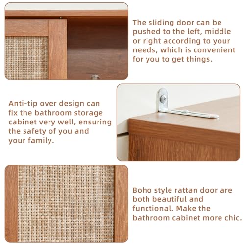 LEYAOYAO Over The Toilet Storage Cabinet with Rattan Sliding Door, 68" Tall Wood Above Toilet Bathroom Organizer w/Adjustable Shelf & Curved Profile, Space Saver Freestanding Washer Shelf - color: Teac, size: 10"D×23.3"W×68"H