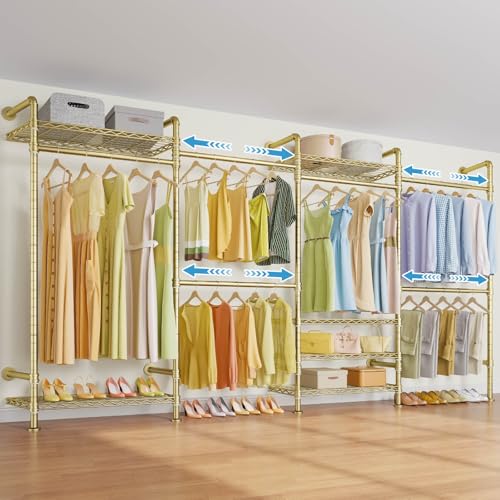 Timate F4 Wall Mounted Clothes Rack Industrial Pipe Clothing Rack for Hanging Clothes, Expandable Garment Rack Heavy Duty Wardrobe Closet Organizer and Storage, Adjustable Industrial Closet Kit, Gold - color: Gold