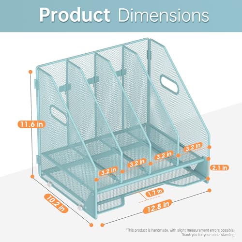 Docnest Desk File Holder Sorter, 4 Vertical Compartments Rack with Letter Tray, Mesh Magazine File Holder with Handle,Workspace Organizers,Desk Organizers for Paper, Mail, Documents-Blue - color: Blue-4 Compartments