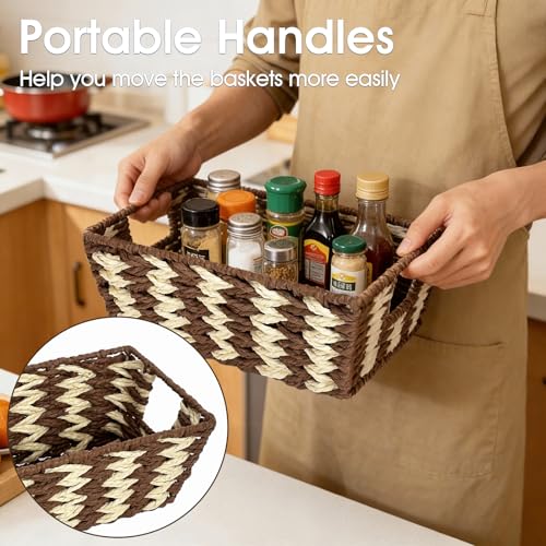 Paper Rope Storage Baskets for Shelves Organizing, Small Hand Woven Wicker Organizer Basket with Handle for Bathroom Toilet Paper Storage, Beige and Brown, 3-Pack - color: Paper Rope Beige&brown, size: 3 Pack