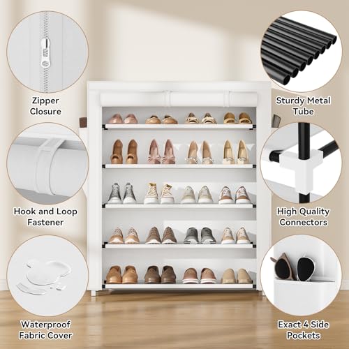 VILICK Shoe Rack with Cover, 5 Tier Shoe Organizer Storage for 20-24 Pair Shoes and Boots Large Shoe Storage Shelf Space Saving Vertical Shoe Rack for Closet, Front Door Entrance, Dorm, Garage, White - color: White, size: 33.8"W-5 Tier